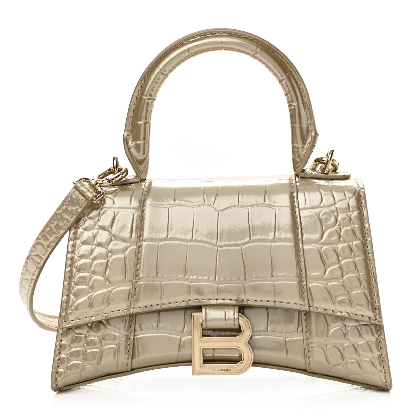 Metallic Shiny Calfskin Crocodile Embossed Hourglass Top Handle Bag XS Light Gold