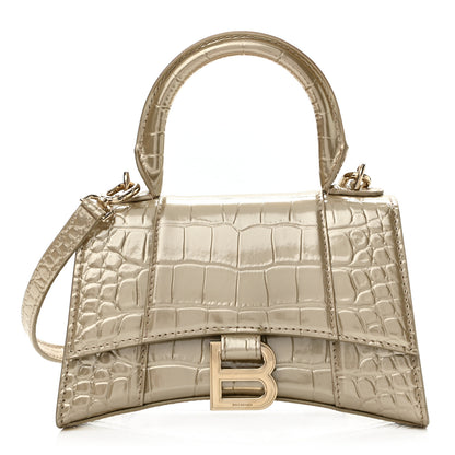 Balenciaga Metallic Shiny Calfskin Crocodile Embossed Hourglass Top Handle Bag XS Light Gold 1 of 13