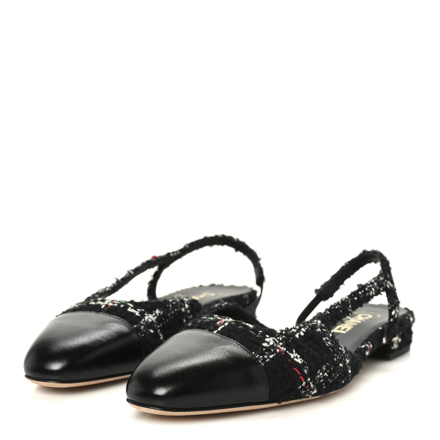 Tweed Lambskin Cap Toe CC Slingback Flats 39 Black White Multicolor