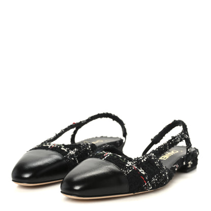 Chanel Tweed Lambskin Cap Toe CC Slingback Flats 39 Black White Multicolor 4 of 9