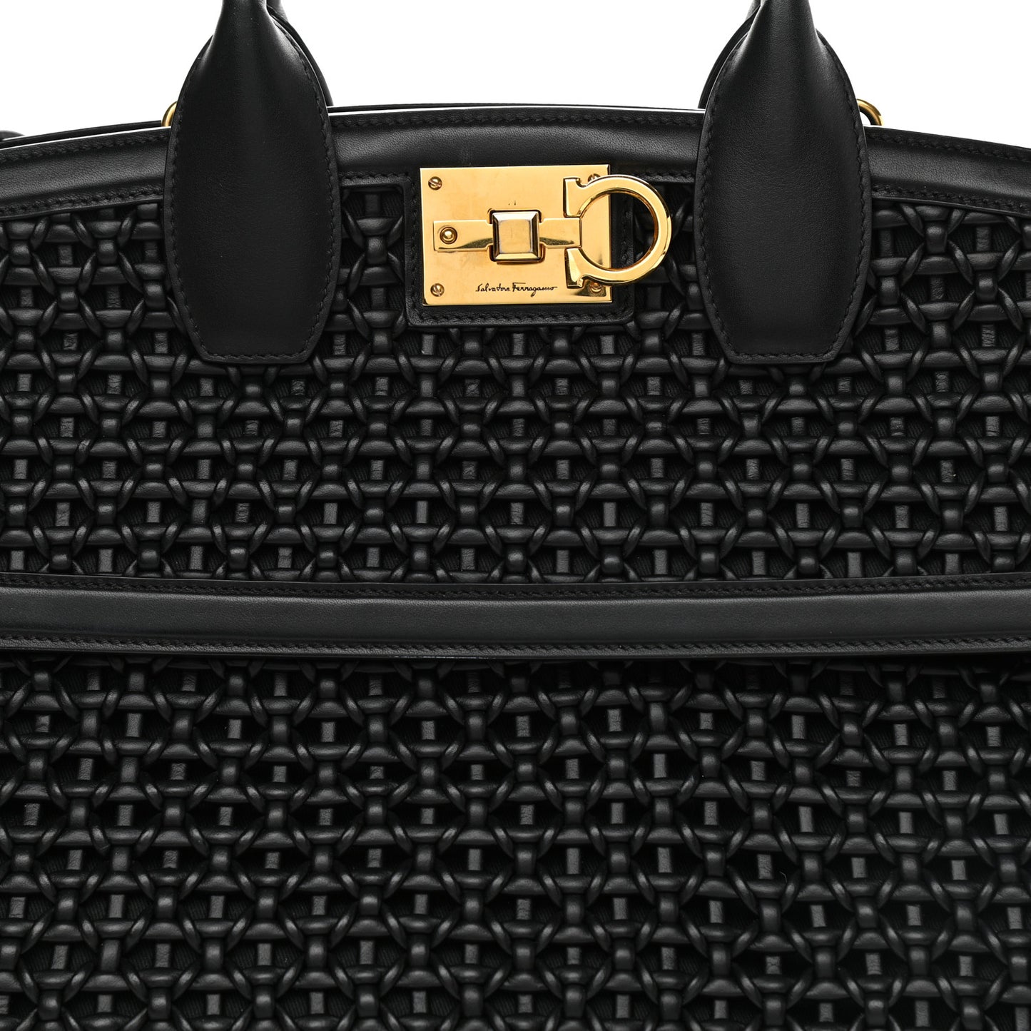 Woven Calfskin Medium Studio Top Handle Bag Black