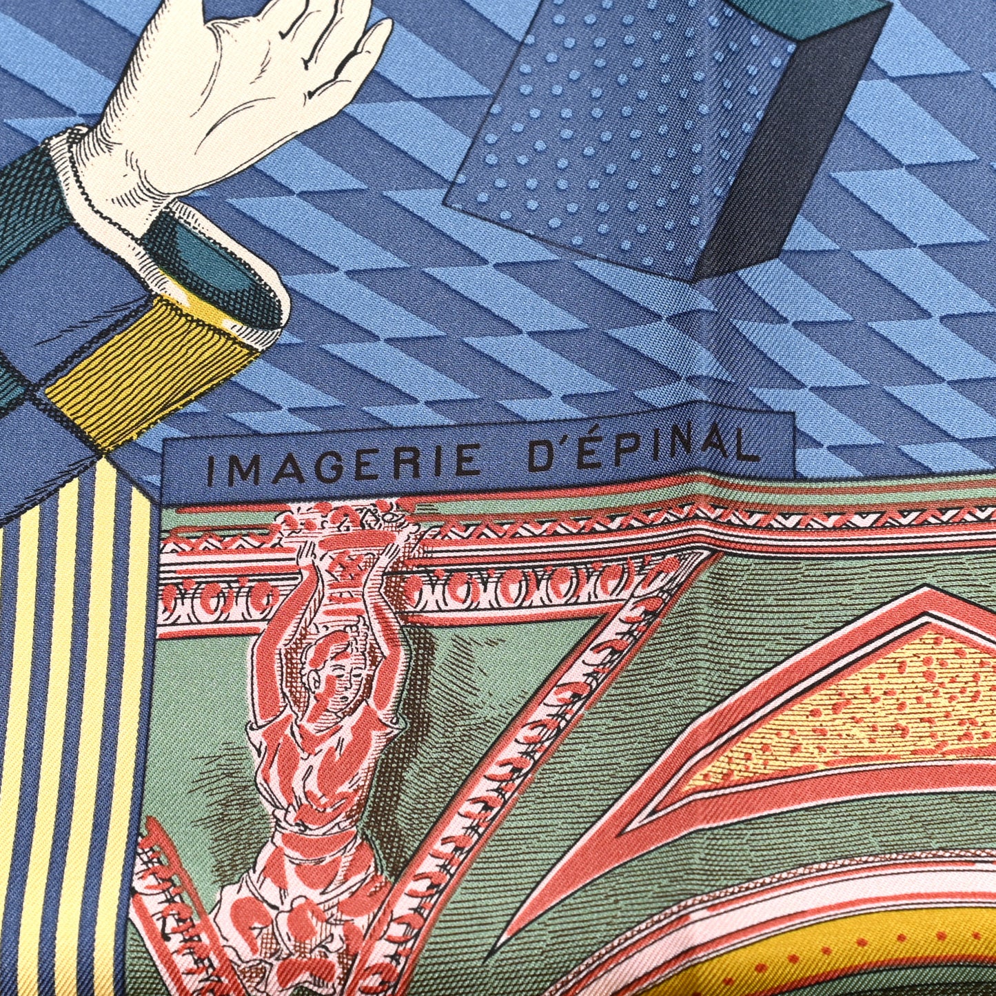 Silk Twill Grande Theatre Nouveau Scarf 90 Bleu Jean Vert Moutarde