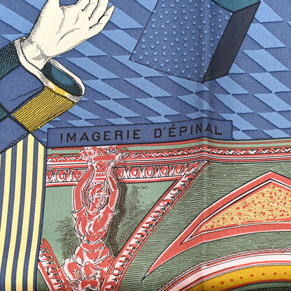 Hermes Silk Twill Grande Theatre Nouveau Scarf 90 Bleu Jean Vert Moutarde 6 of 8