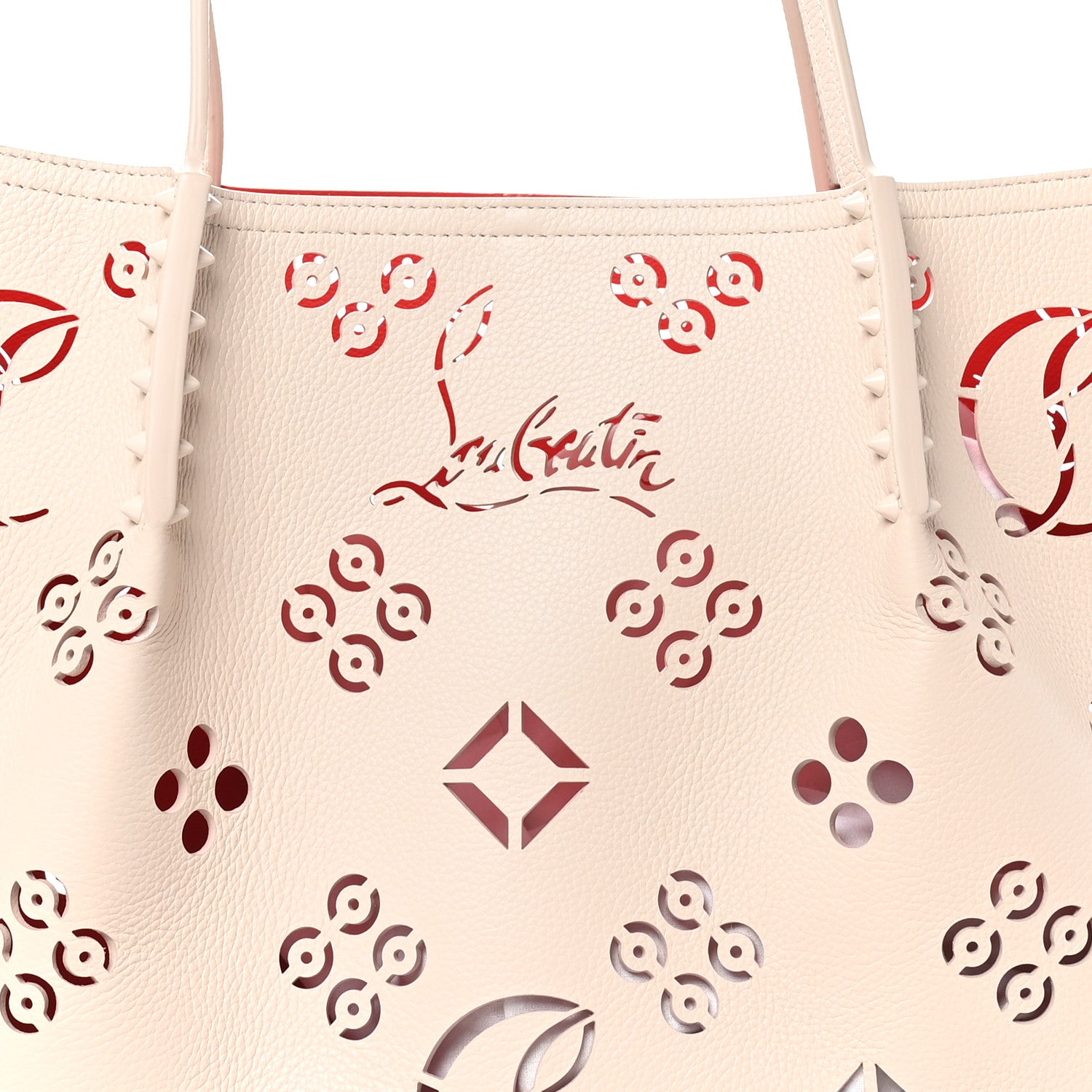 Christian Louboutin Calfskin Perforated Loubinthesky Spikes Large Cabarock Tote Leche 7 of 9
