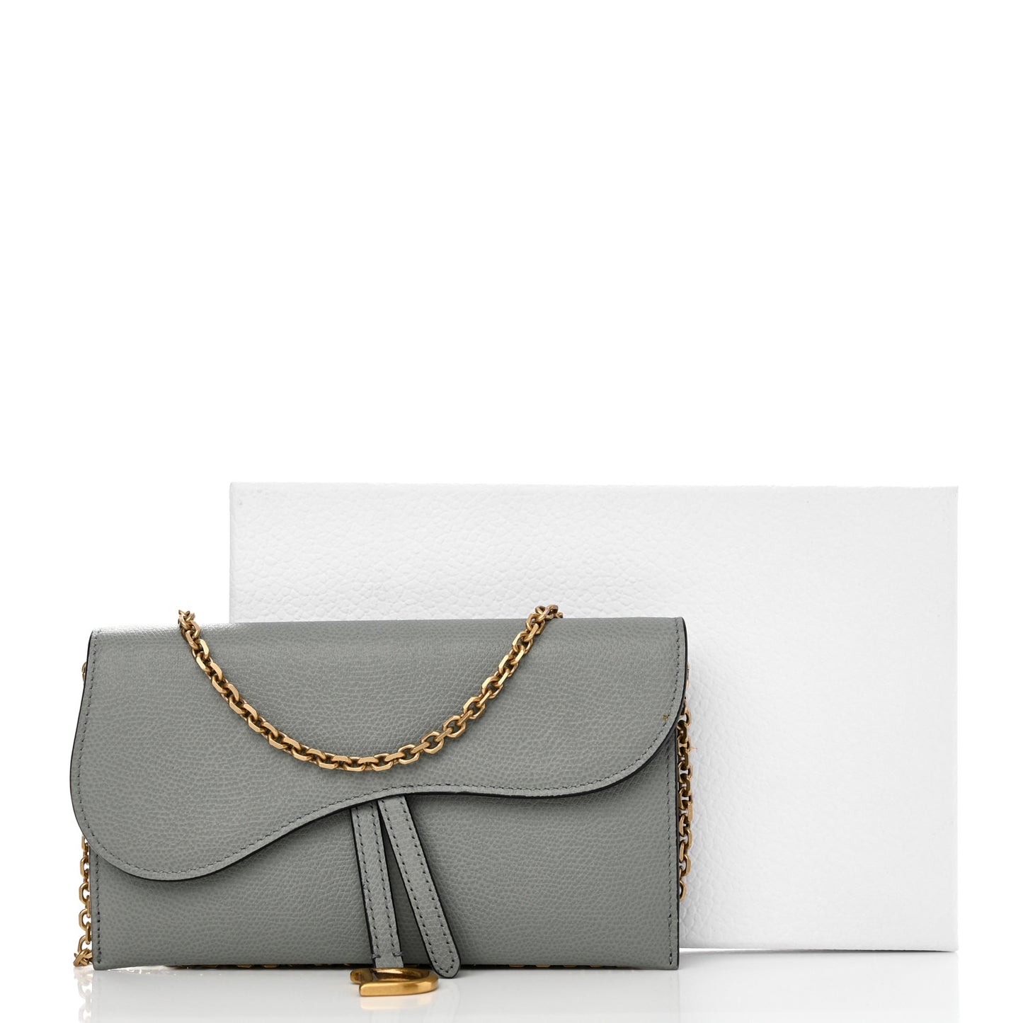 Grained Calfskin Saddle Chain Wallet Pouch Grey Stone