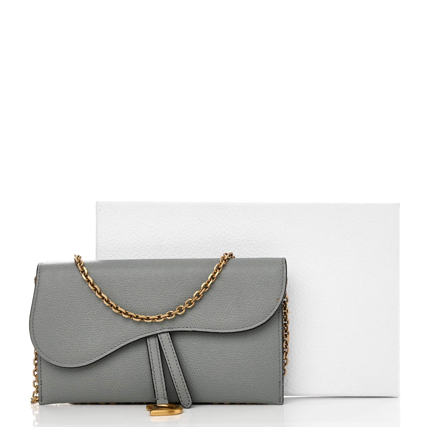 Christian Dior Grained Calfskin Saddle Chain Wallet Pouch Grey Stone 15 of 15