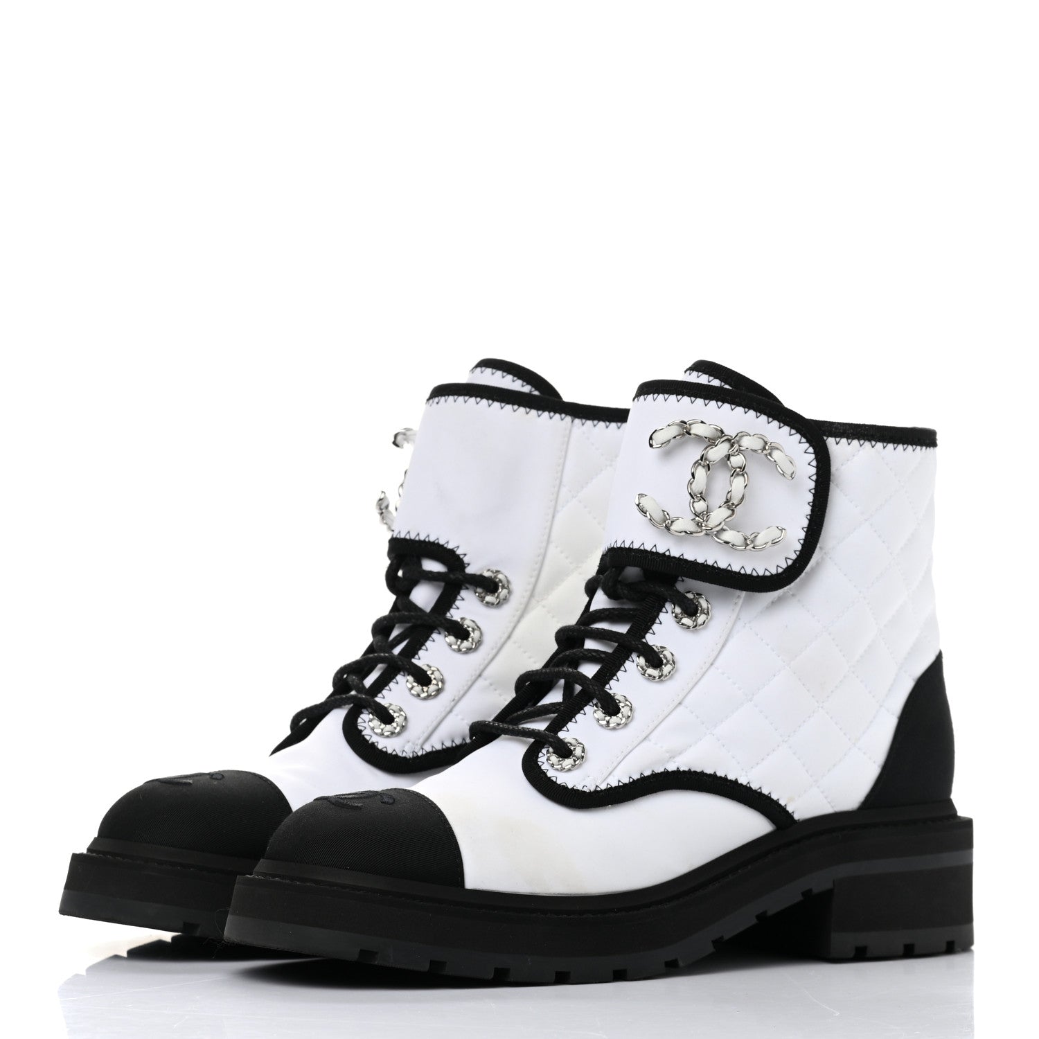 Chanel Shiny Goatskin Calfskin Quilted Lace Up Combat Boots 37.5 White Black 3 of 8