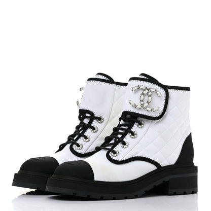 Chanel Shiny Goatskin Calfskin Quilted Lace Up Combat Boots 37.5 White Black 3 of 8