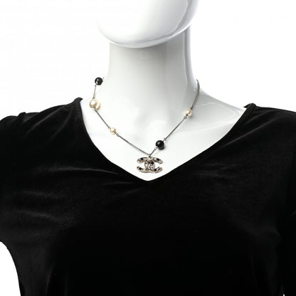 Chanel Pearl Resin Textured CC Necklace Silver Black 2 of 5