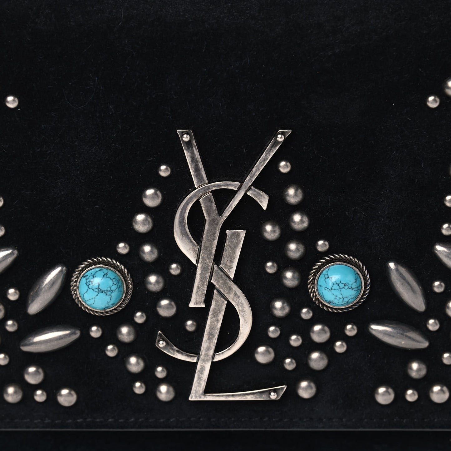 Suede Small Monogram Stone Studded Kate Satchel Black Turquoise Coral