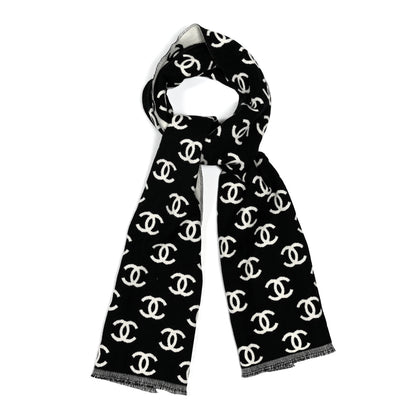 Chanel Wool Cashmere CC Scarf Black White 1 of 3