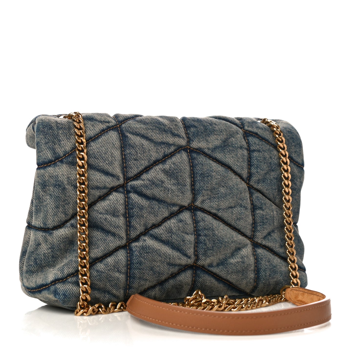 Denim Quilted Small Loulou Puffer Monogram Chain Satchel Blue Cinnamon