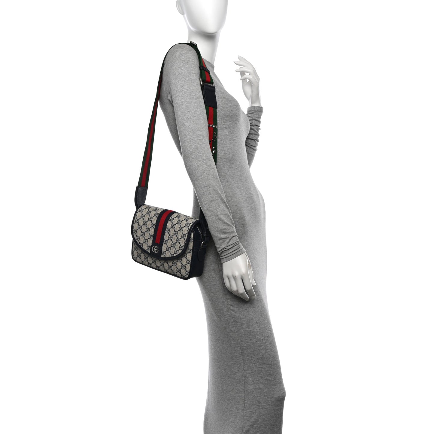 GG Supreme Monogram Textured Dollar Calfskin Web Studded Mini Ophidia Flap Shoulder Bag Beige Blue