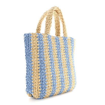 Prada Yarn Raffia Effect Crochet Striped Small Logo Tote Naturale Celeste 3 of 10