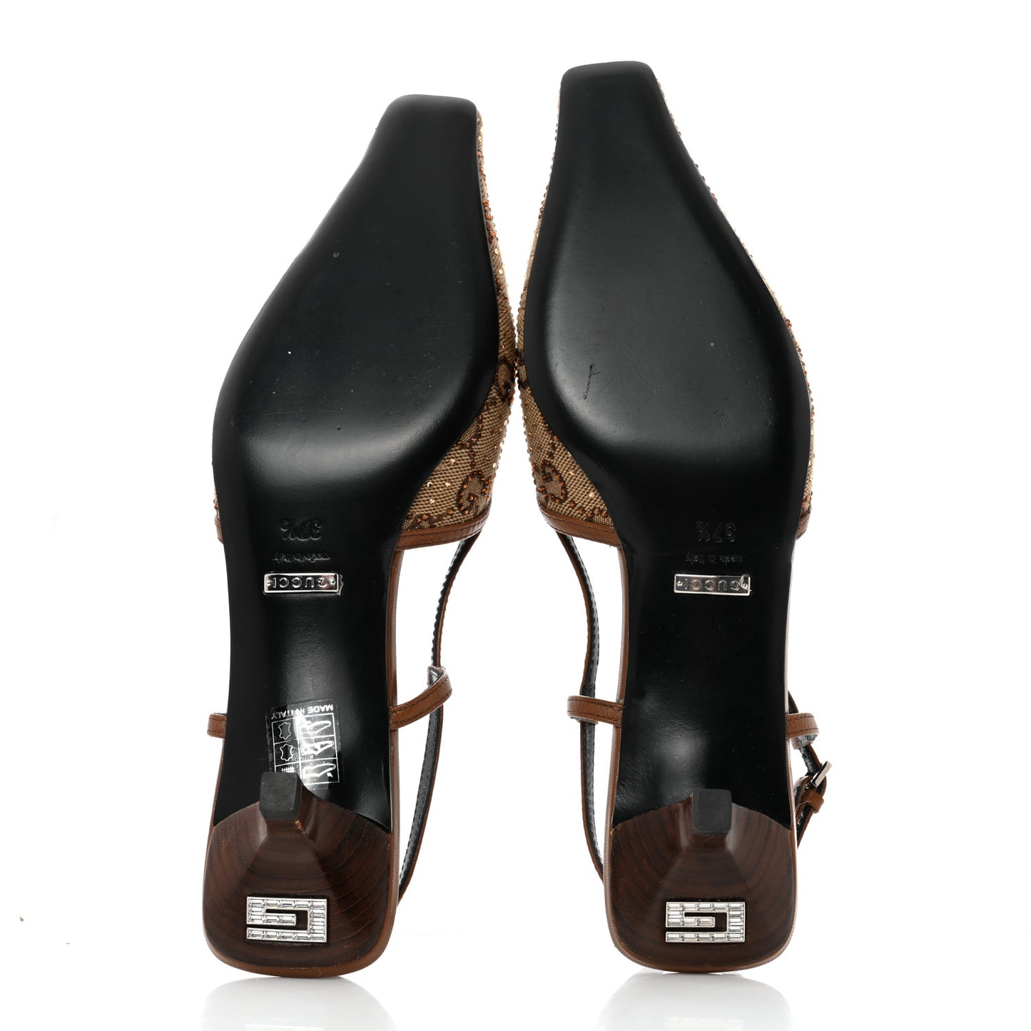 GG Monogram Malaga Kid Crystal Square G 35mm Slingback Pumps 37.5 Camel Ebony Cuir