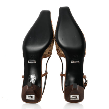Gucci GG Monogram Malaga Kid Crystal Square G 35mm Slingback Pumps 37.5 Camel Ebony Cuir 5 of 9