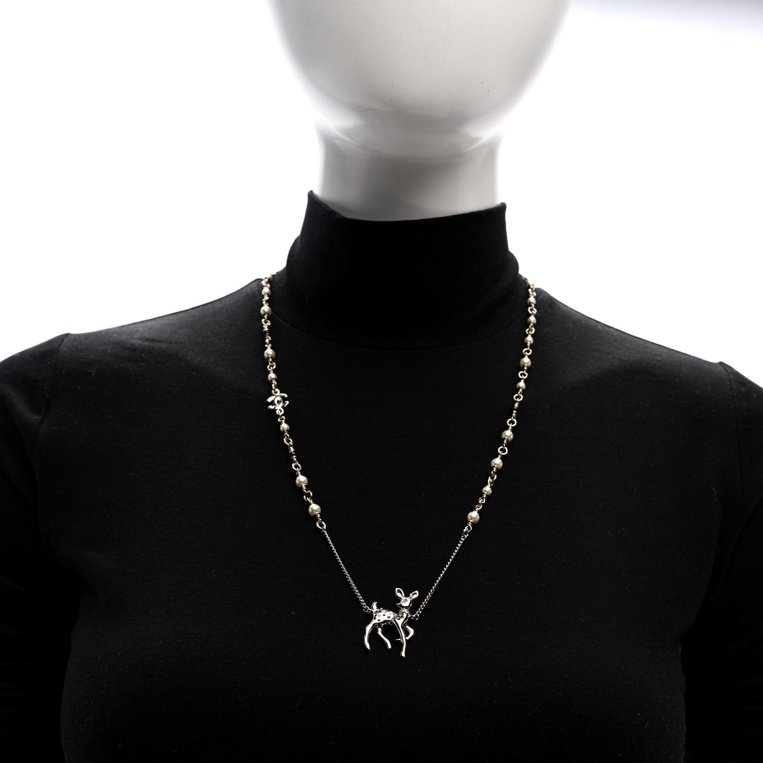Chanel Pearl Crystal CC Deer Long Necklace Gold Green 2 of 5