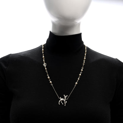 Chanel Pearl Crystal CC Deer Long Necklace Gold Green 2 of 5