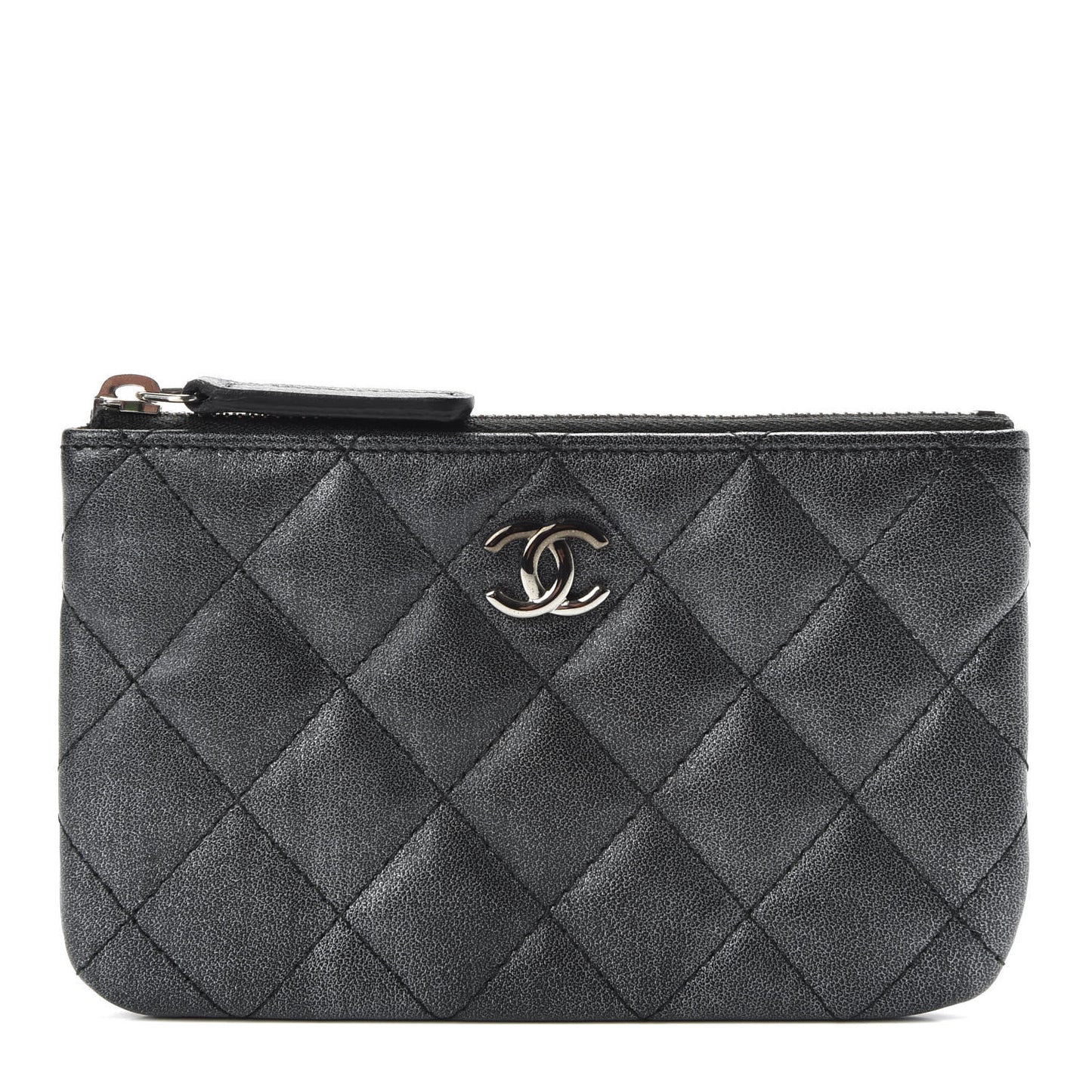 Metallic Goatskin Quilted Small Cosmetic Case Dark Grey