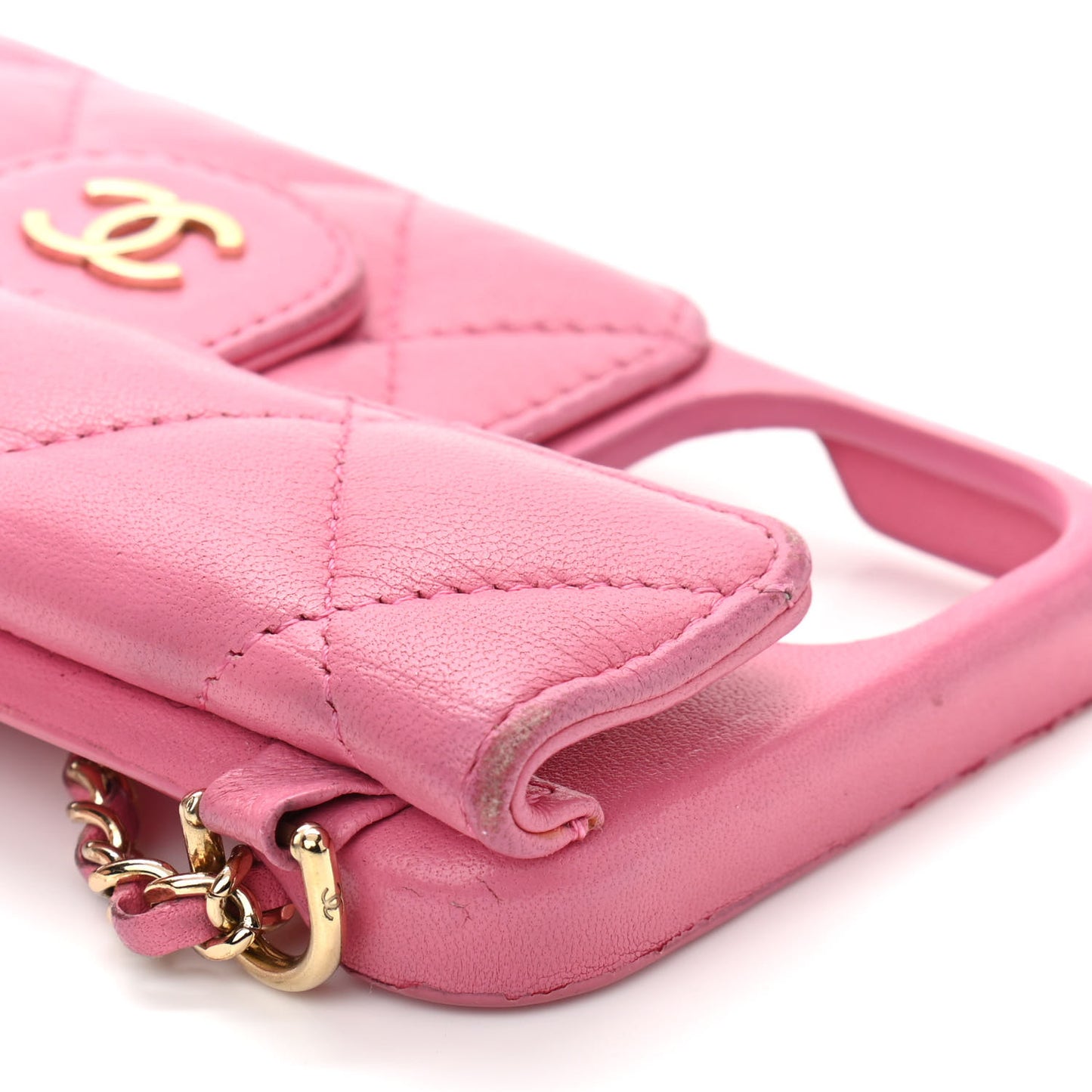 Lambskin Quilted Pearl Crush iPhone XII Pro Holder With Chain Pink