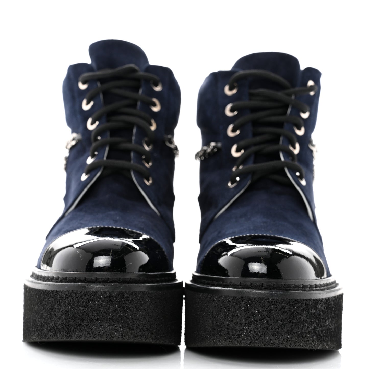 Suede Kidskin Patent Calfskin Chain Lace Up Boots 37 Dark Navy Blue Black