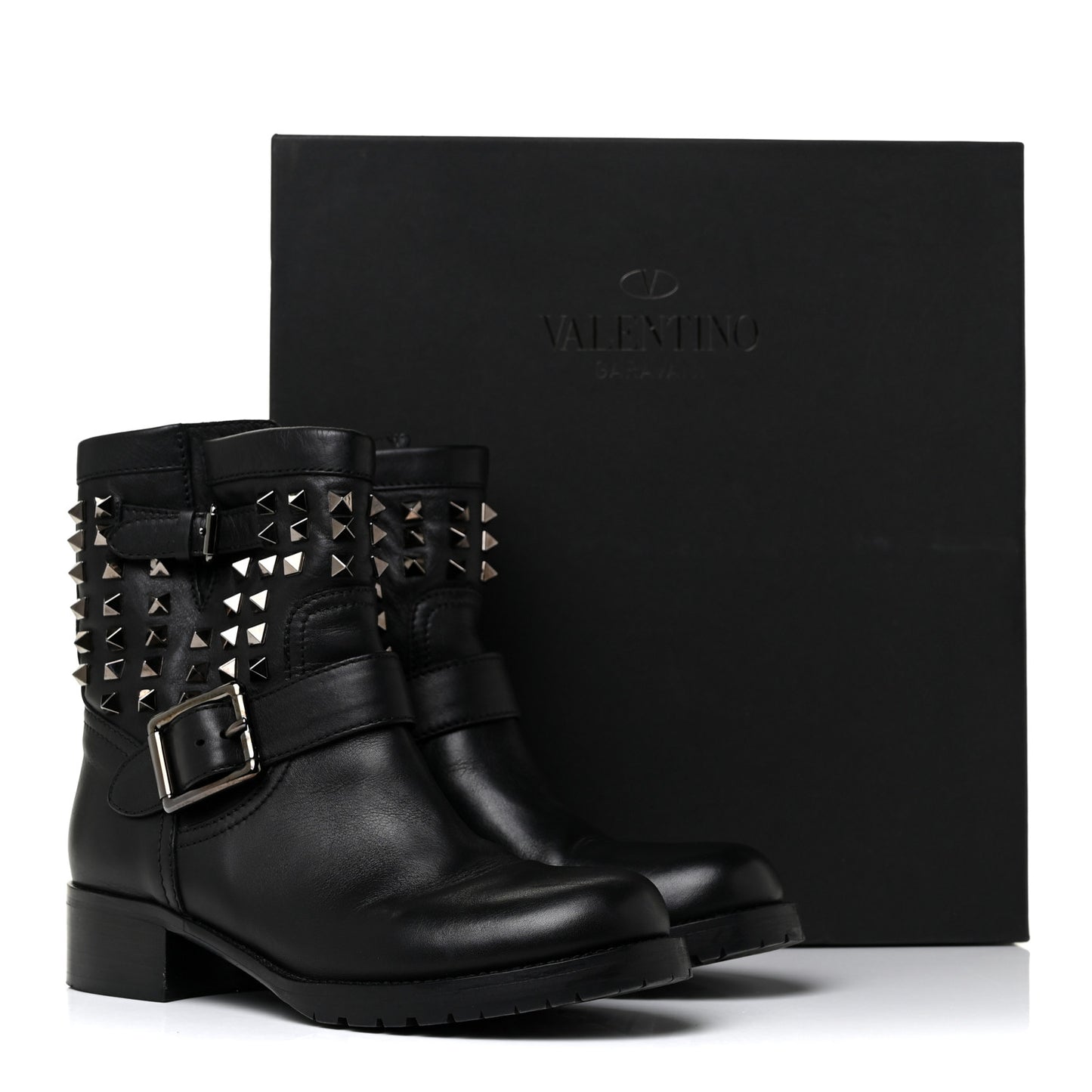 Calfskin Rockstud 30mm Biker Boots 37 Black