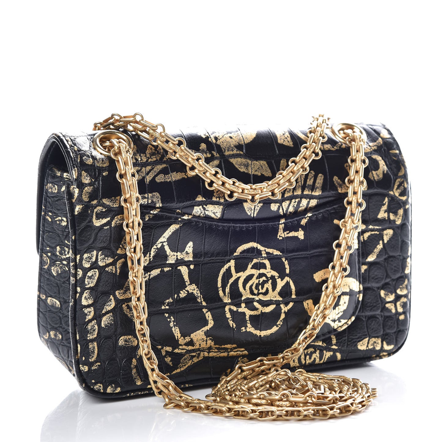 Calfskin Crocodile Embossed Graffiti 2.55 Mini Cocodile Reissue Flap Black Gold