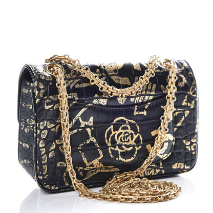 Chanel Calfskin Crocodile Embossed Graffiti 2.55 Mini Cocodile Reissue Flap Black Gold 3 of 10