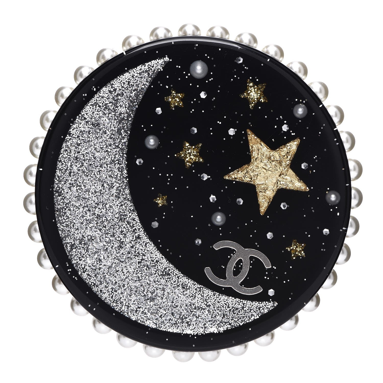 Chanel Glittered Resin Crystal Pearl CC Moon Pin Brooch Black Gold Silver 1 of 5