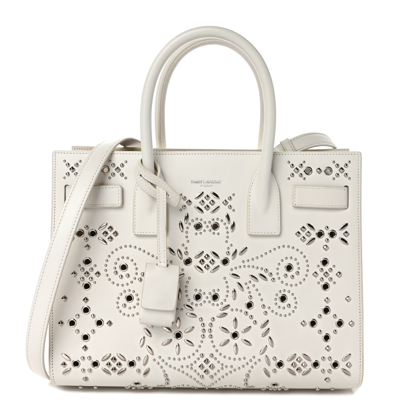 Calfskin Perforated Studded Baby Sac De Jour White