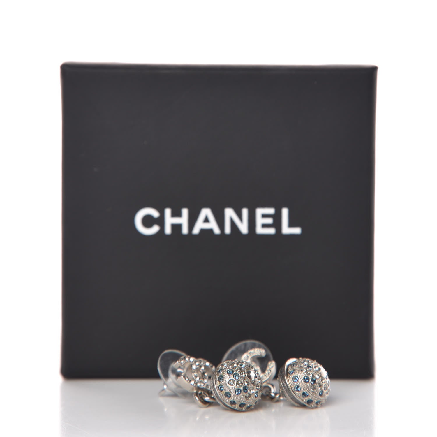 Chanel Crystal CC Drop Earrings Blue Silver 5 of 5