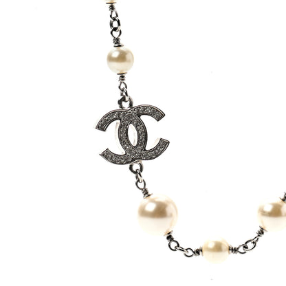 Chanel Crystal Pearl CC Long Necklace Silver 4 of 5