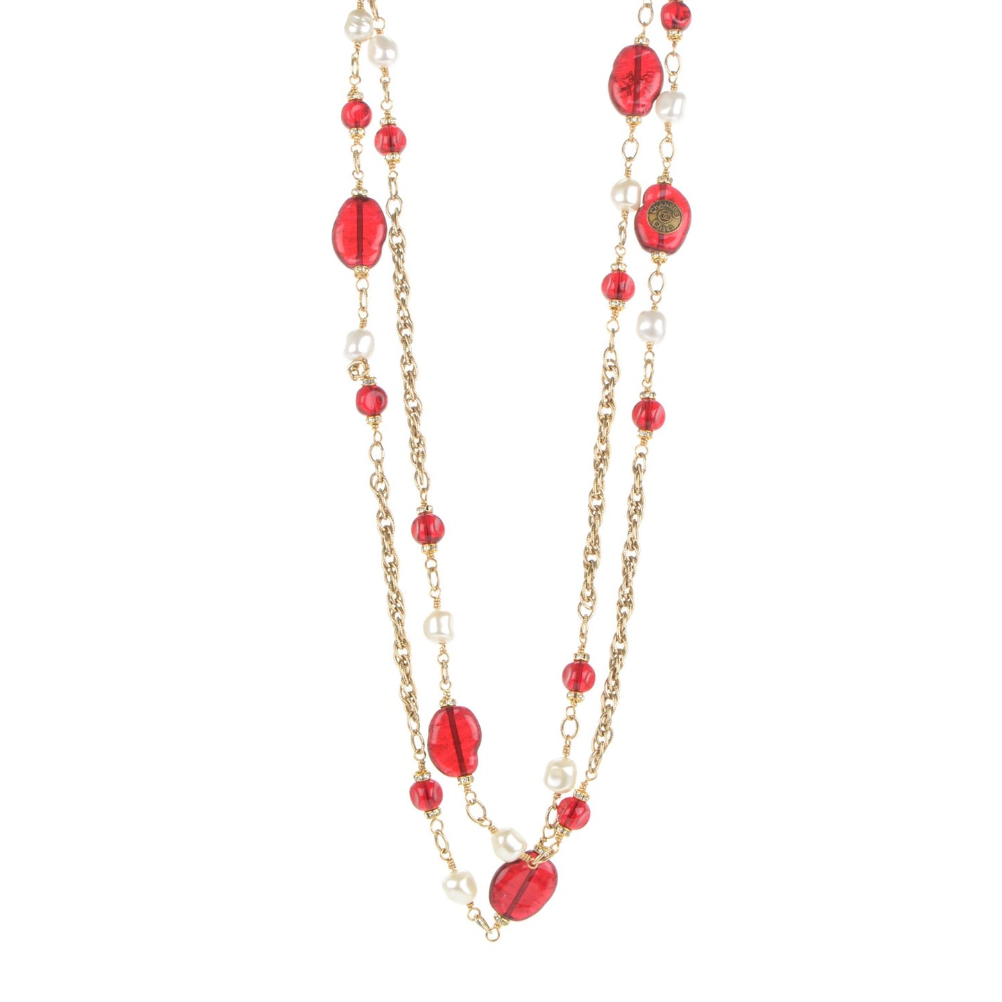 Gripoix Crystal Pearl Necklace Red Gold