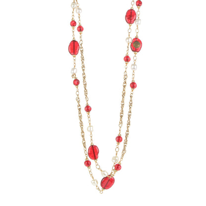 Chanel Gripoix Crystal Pearl Necklace Red Gold 1 of 5