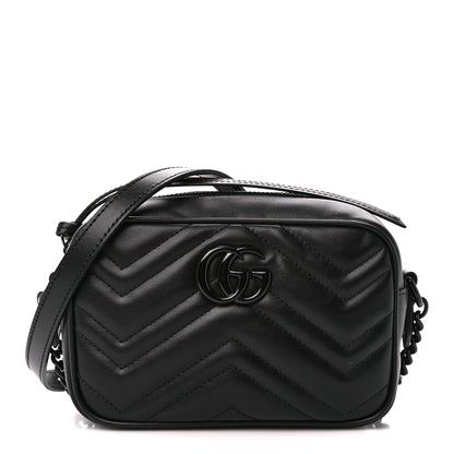 Gucci Calfskin Matelasse Monochrome Mini GG Marmont Chain Shoulder Bag Black 1 of 11