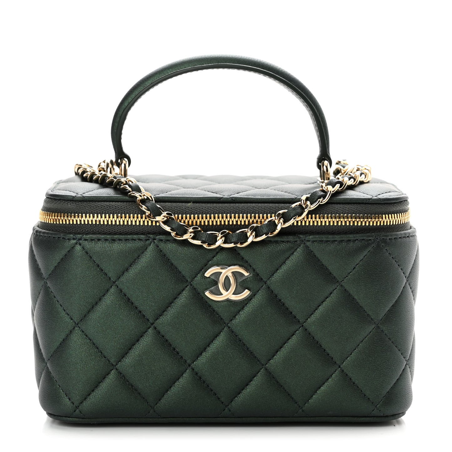 Iridescent Lambskin Quilted Small Top Handle Vanity Case With Chain Dark Green