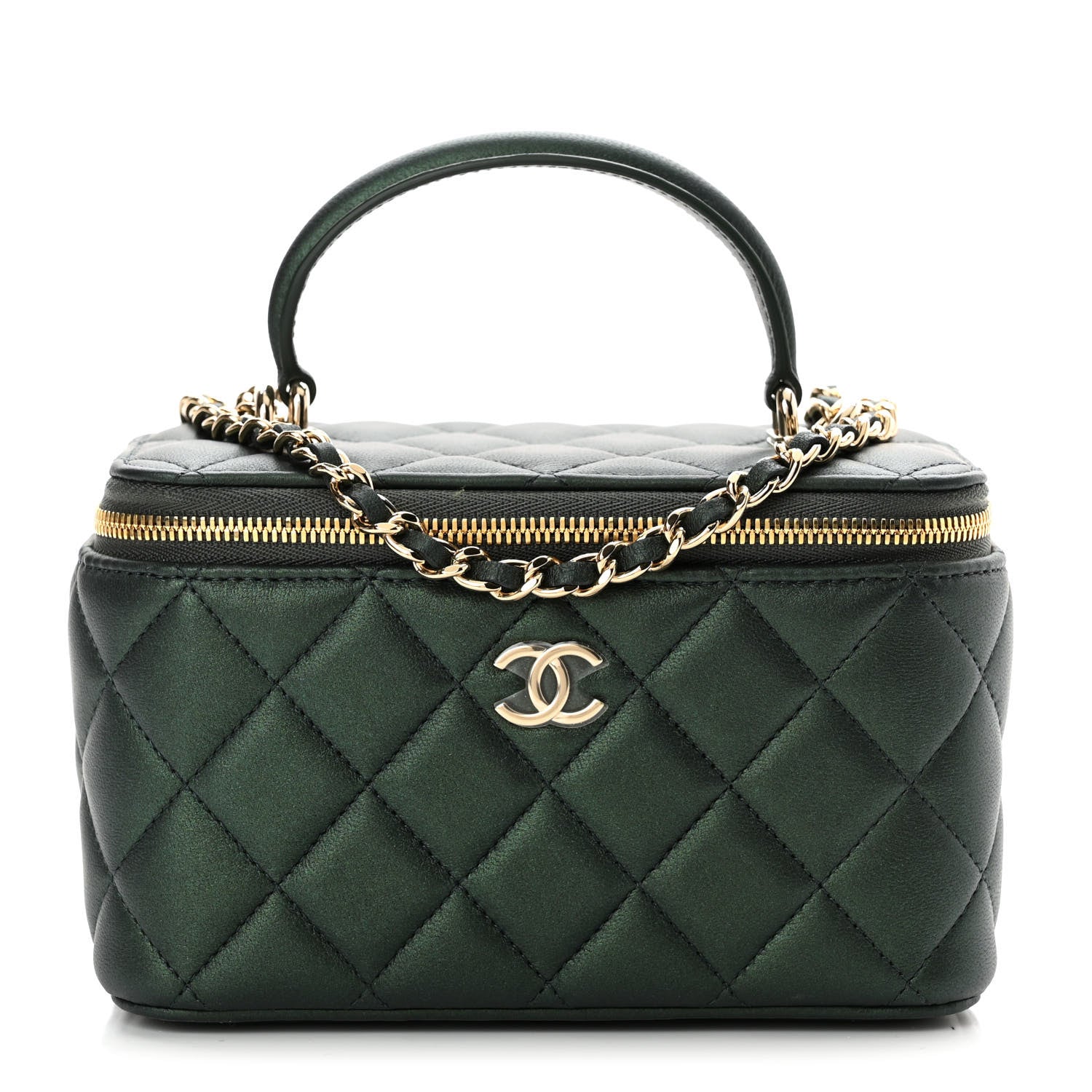 Chanel Iridescent Lambskin Quilted Small Top Handle Vanity Case With Chain Dark Green 1 of 11