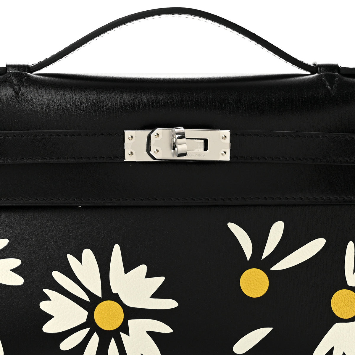 Box Marquetry Daisies Kelly Pochette Clutch Black White Jaune De Naples