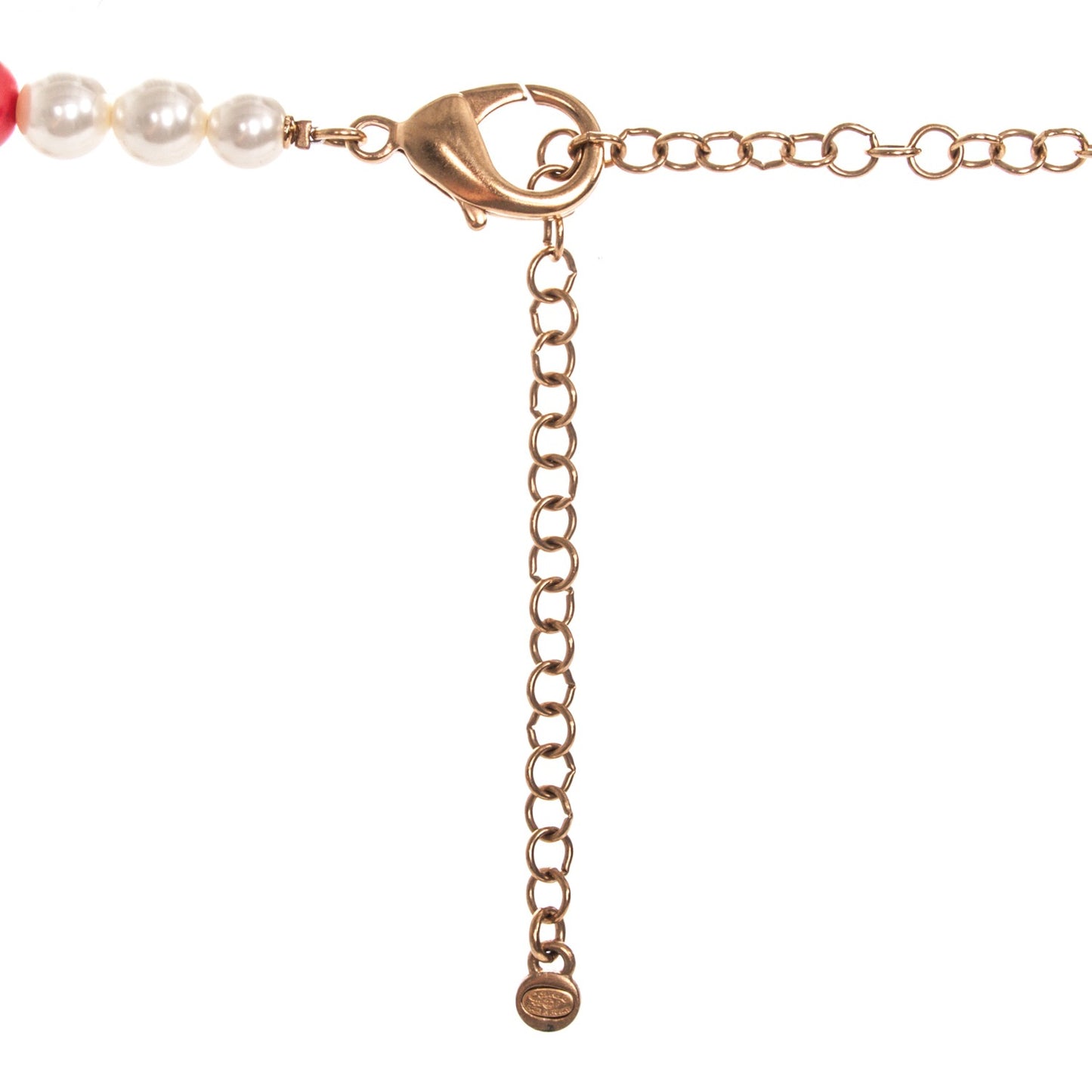 Pearl Crystal Bow Long Necklace Gold Red