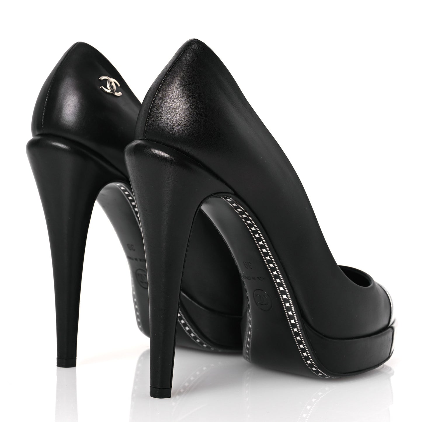 Calfskin Cap Toe CC Pumps 39 Black Silver