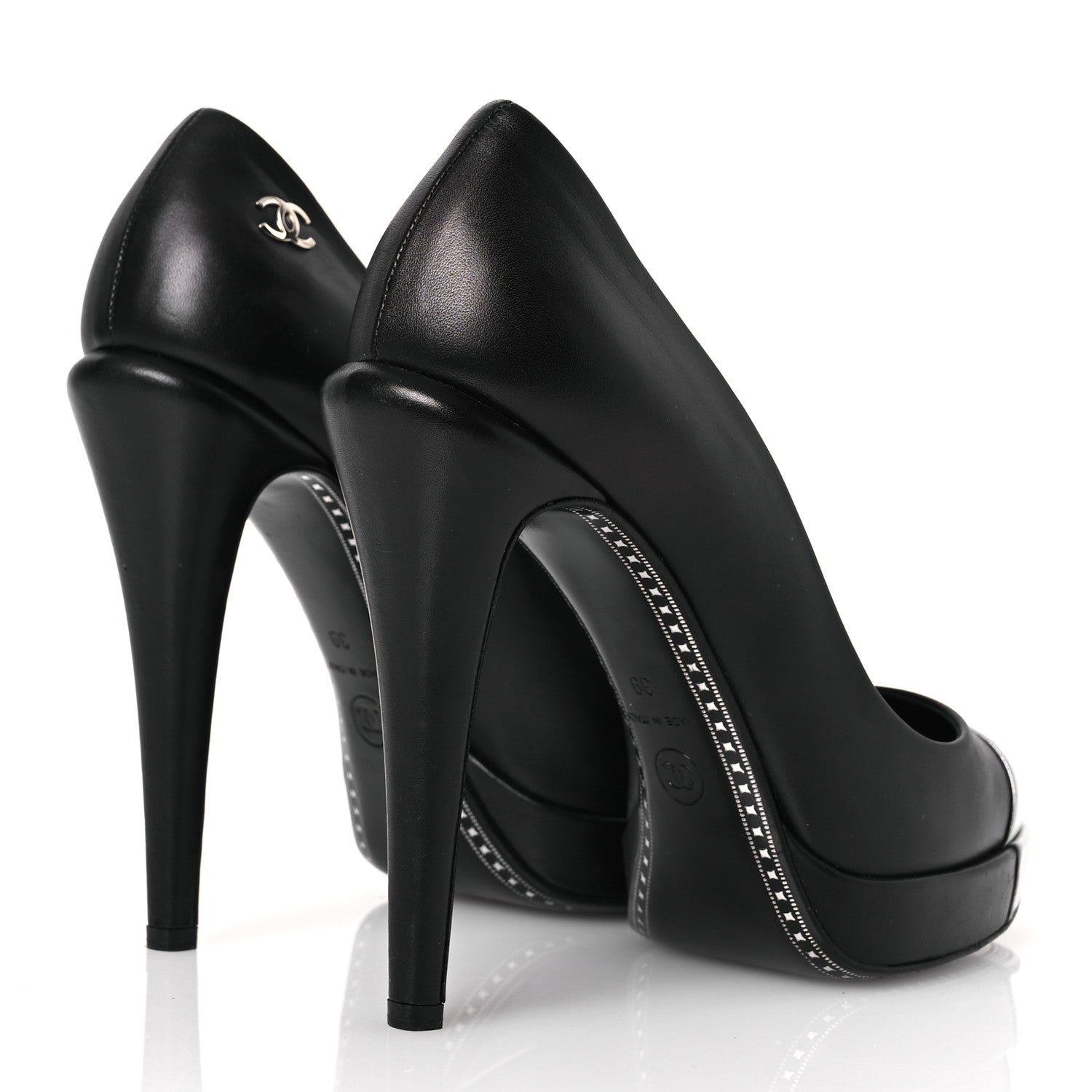 Chanel Calfskin Cap Toe CC Pumps 39 Black Silver 5 of 14