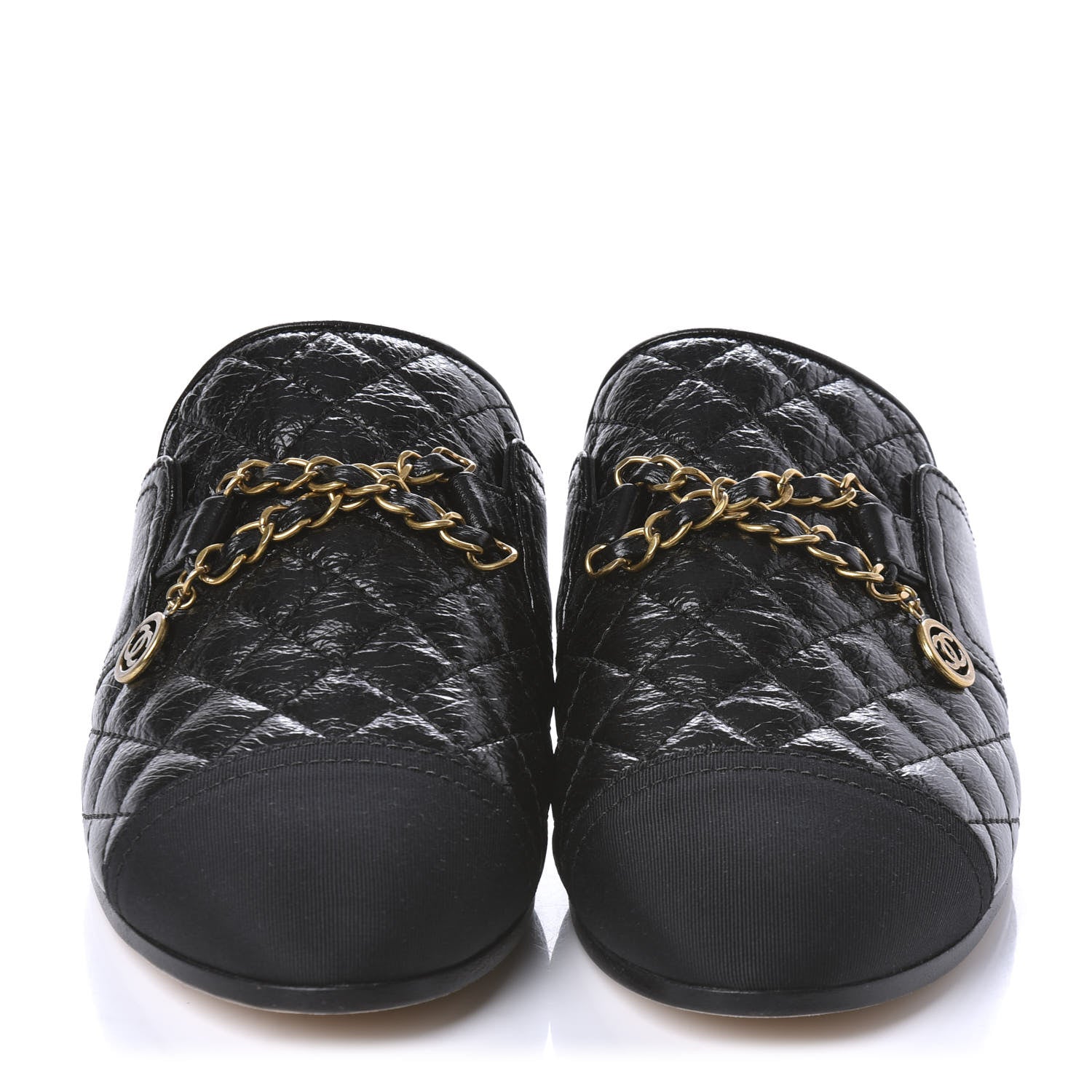 Chanel Glazed Deerskin Grosgrain Quilted Chain Mules 37 Black 2 of 10