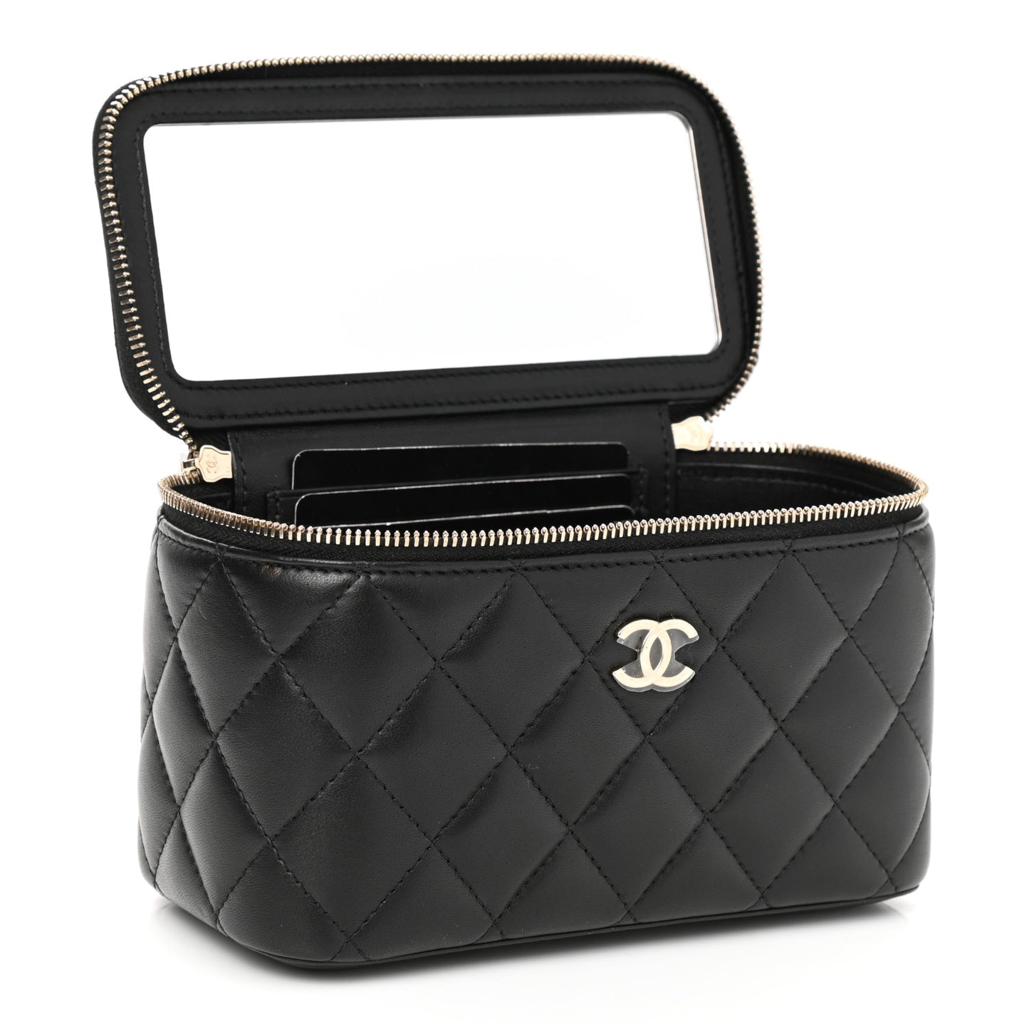 Lambskin Quilted Small Top Handle Vanity Case With Chain Black