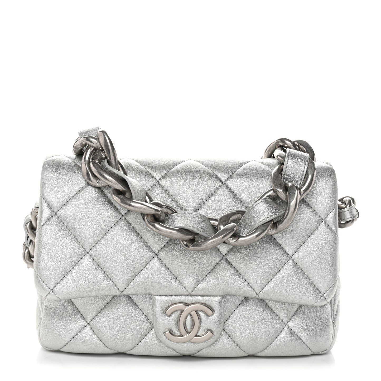 Metallic Lambskin Lacquered Quilted Small Flap Silver