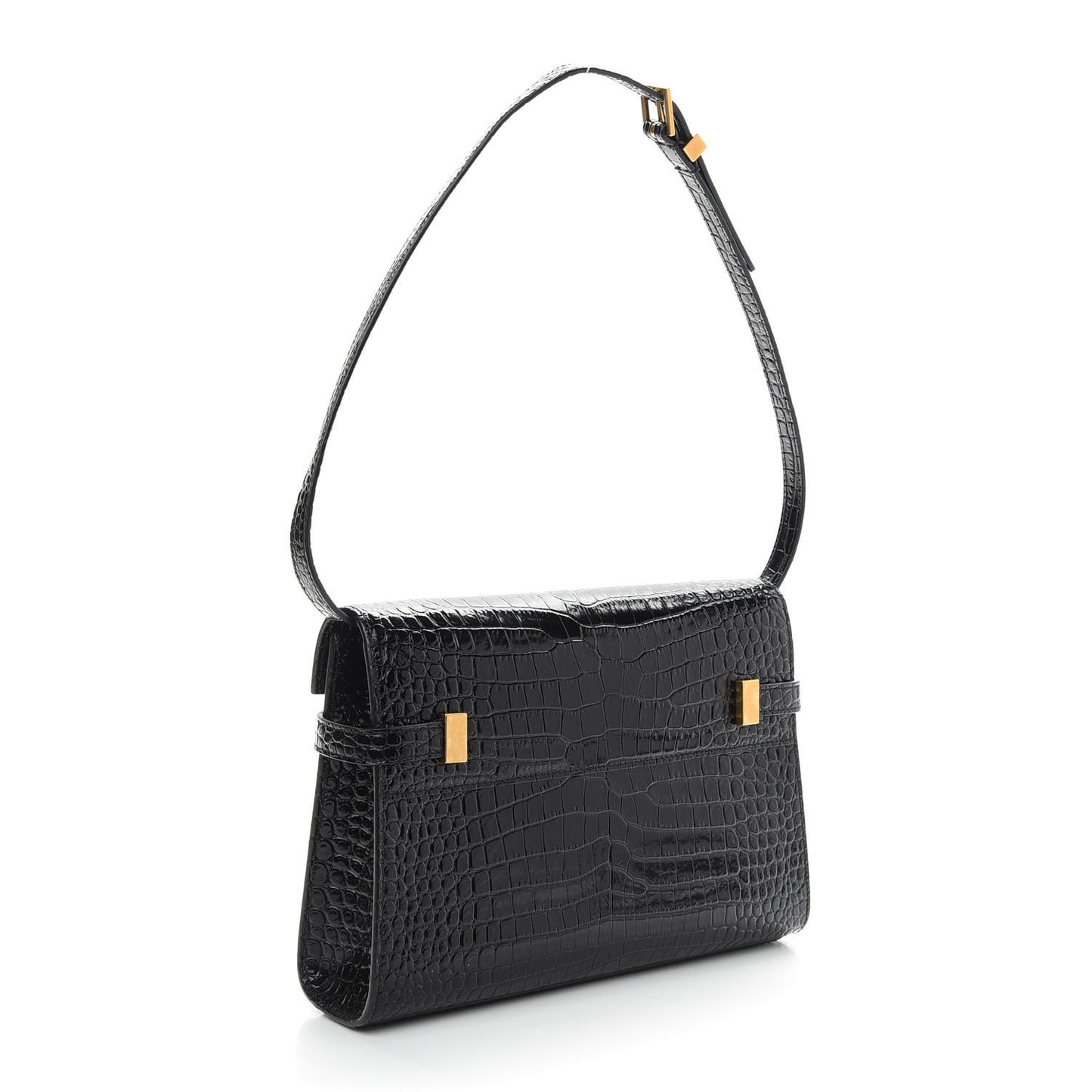Shiny Calfskin Crocodile Embossed Small Manhattan Baguette Black