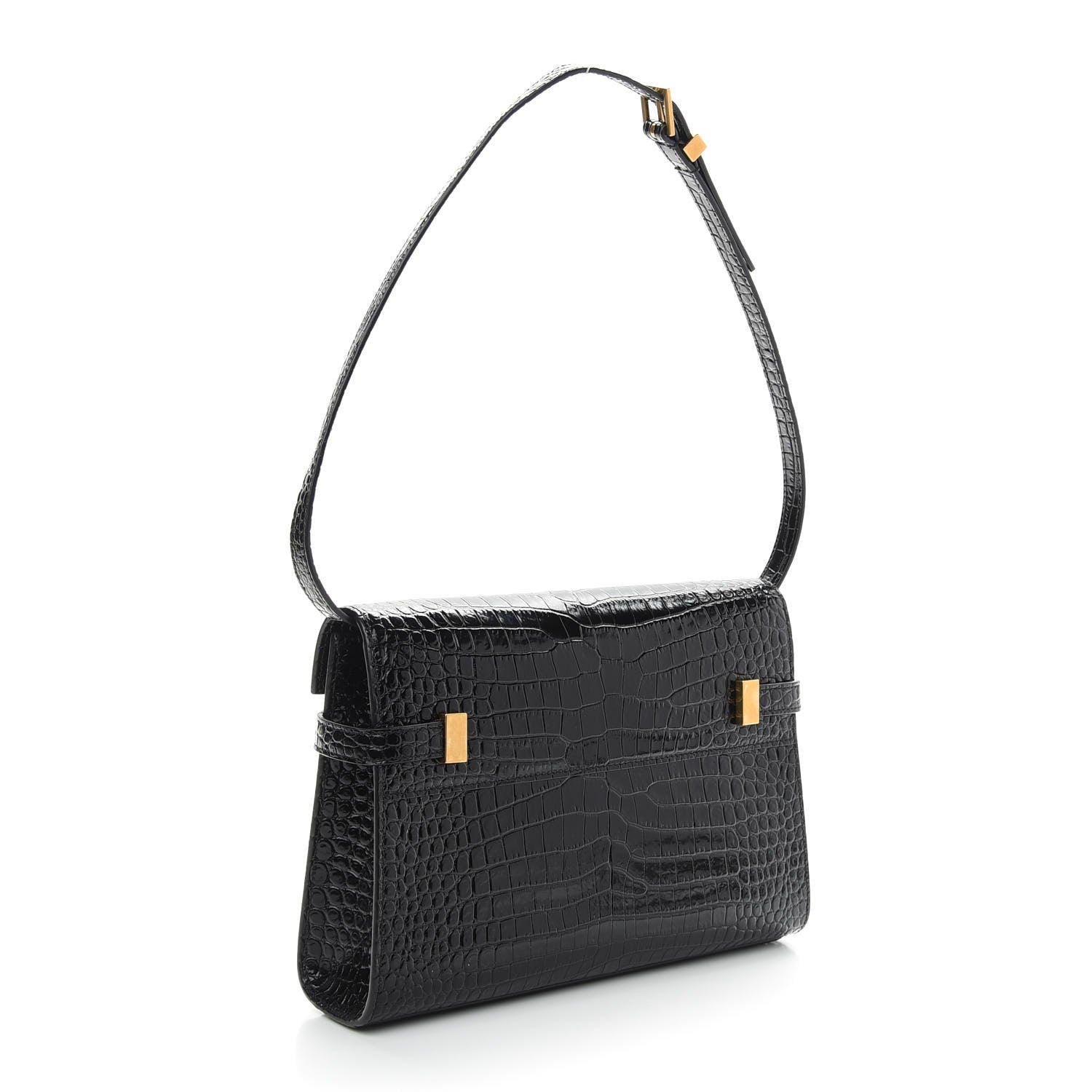 Saint Laurent Shiny Calfskin Crocodile Embossed Small Manhattan Baguette Black 2 of 7