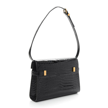 Saint Laurent Shiny Calfskin Crocodile Embossed Small Manhattan Baguette Black 2 of 7