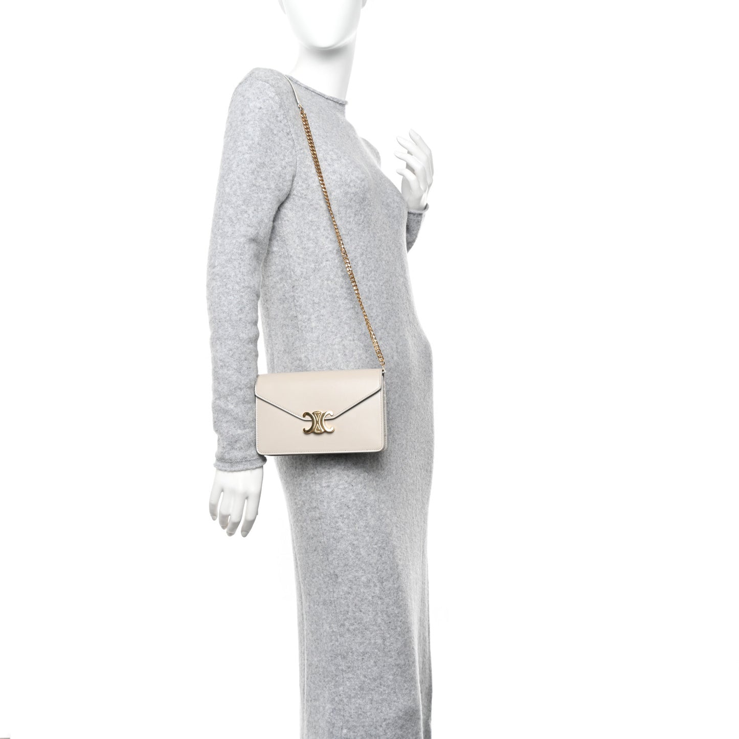 Shiny Calfskin Triomphe Margo Wallet on Chain Light Stone