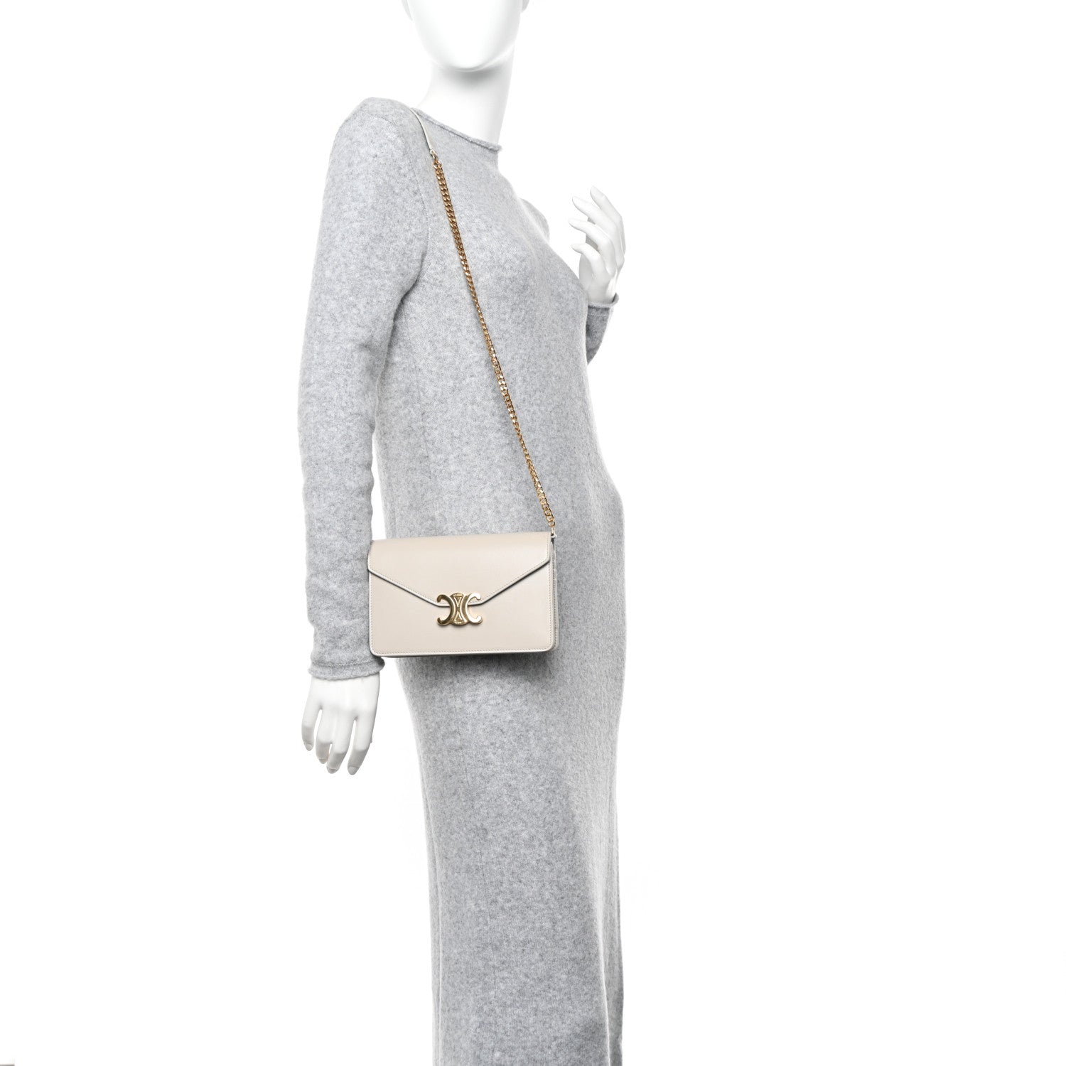 Celine Shiny Calfskin Triomphe Margo Wallet on Chain Light Stone 2 of 15