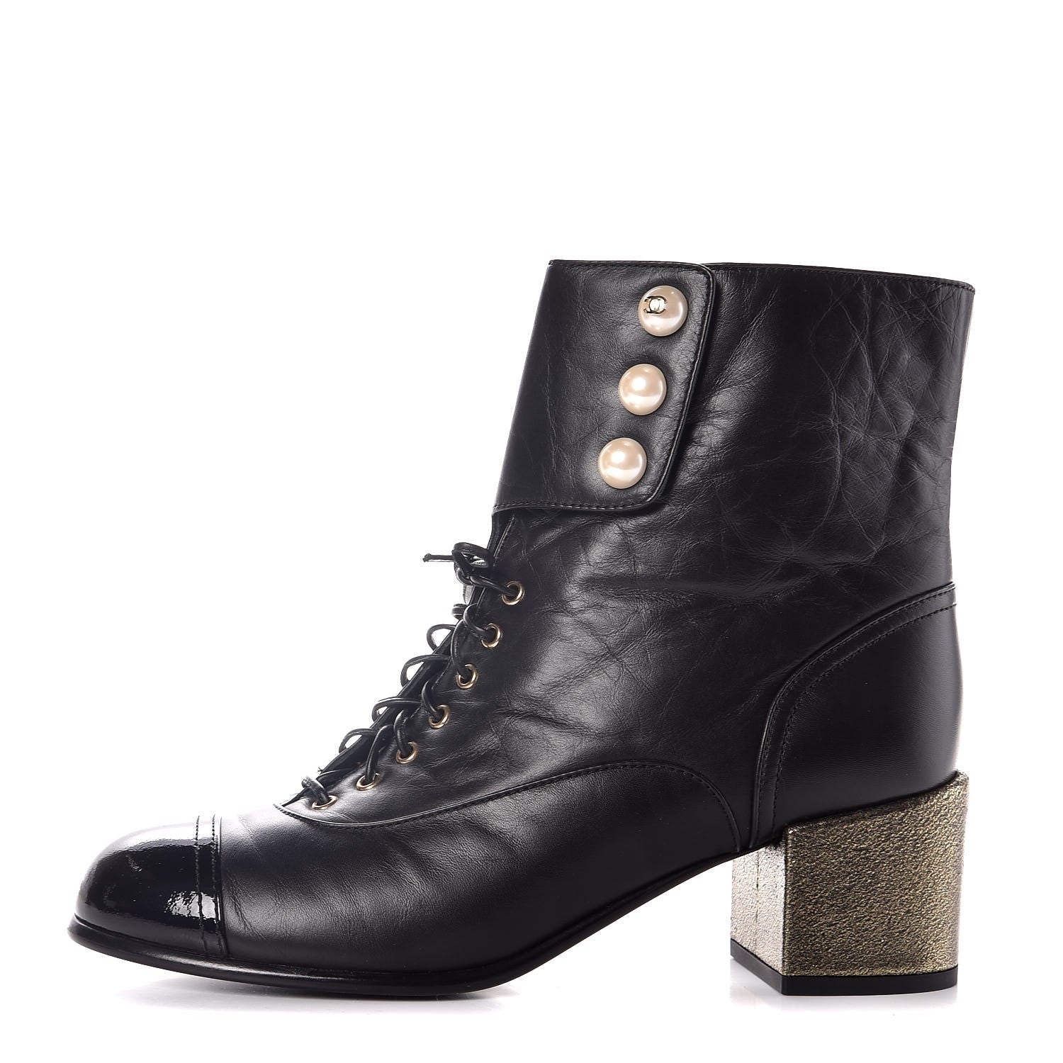 Chanel Calfskin Patent Pearl Short Boots 37.5 Black Gold 1 of 9